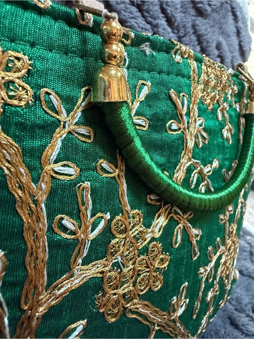 Green Embroidered Evening Bag with Gold Accents 7 x 9”